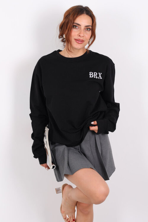 Bisiklet Yaka BRX Baskılı İki İplik Siyah Kadın Sweat - 5