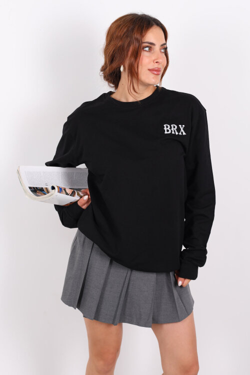 Bisiklet Yaka BRX Baskılı İki İplik Siyah Kadın Sweat - 3