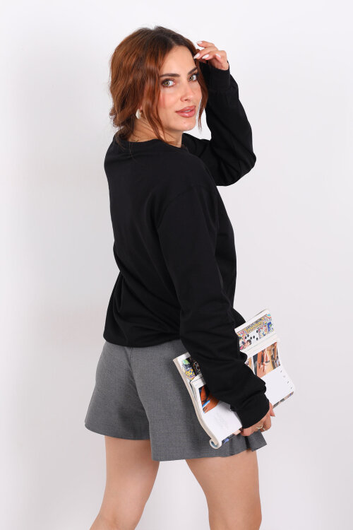 Bisiklet Yaka BRX Baskılı İki İplik Siyah Kadın Sweat - 6