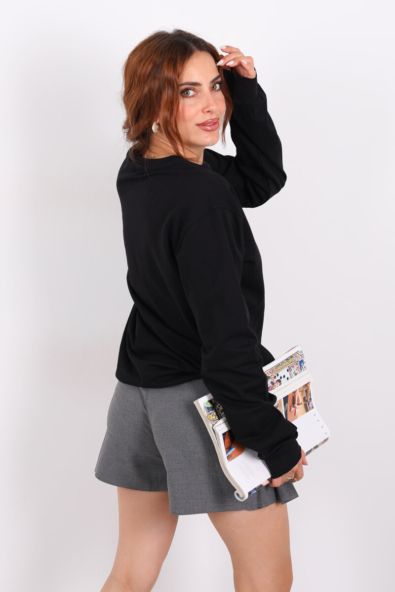 Bisiklet Yaka BRX Baskılı İki İplik Siyah Kadın Sweat - 6