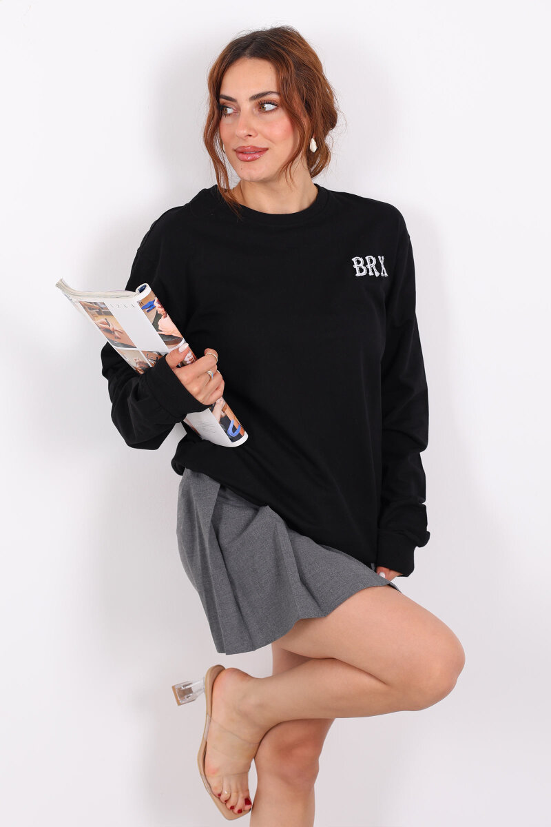 Bisiklet Yaka BRX Baskılı İki İplik Siyah Kadın Sweat - 4