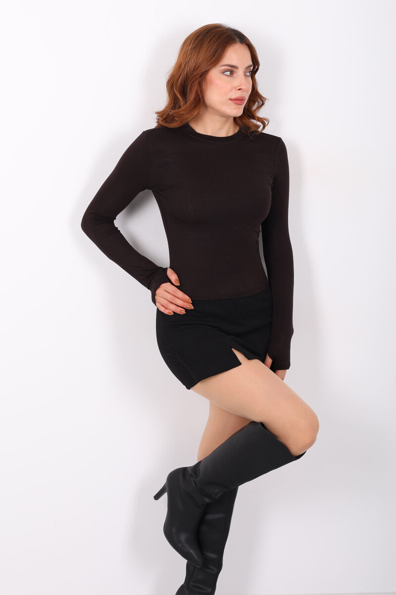 Bisiklet Yaka Buzi Parmak Geçirmeli Acı Kahve Kadın Bluz - 3