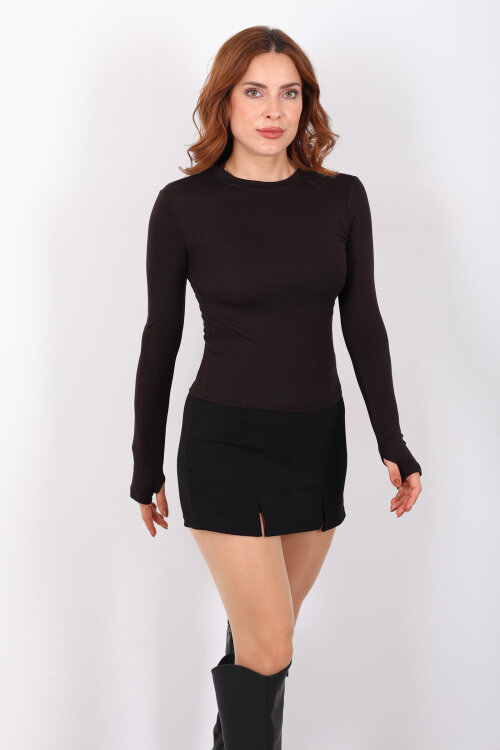 Bisiklet Yaka Buzi Parmak Geçirmeli Acı Kahve Kadın Bluz - 5