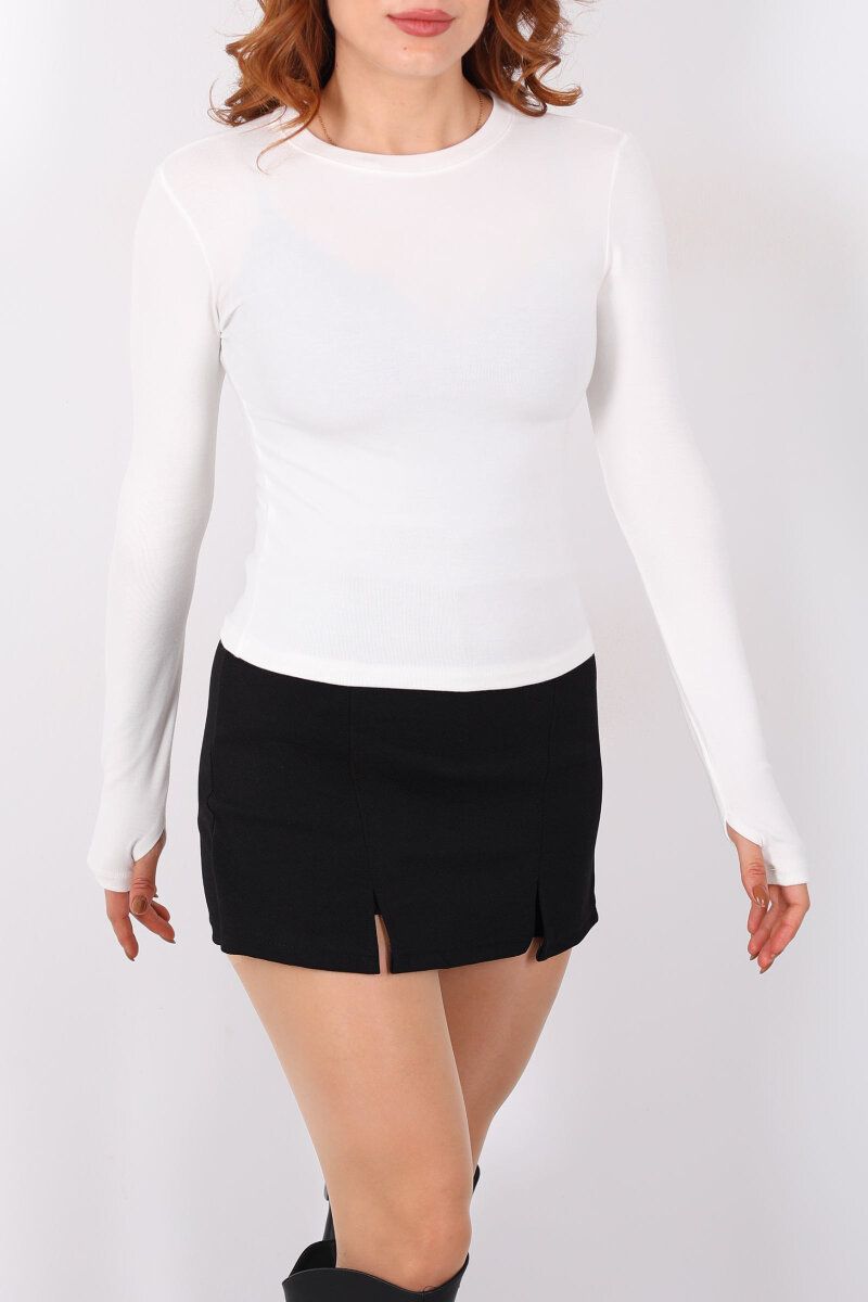 Bisiklet Yaka Buzi Parmak Geçirmeli Ekru Kadın Bluz - 2