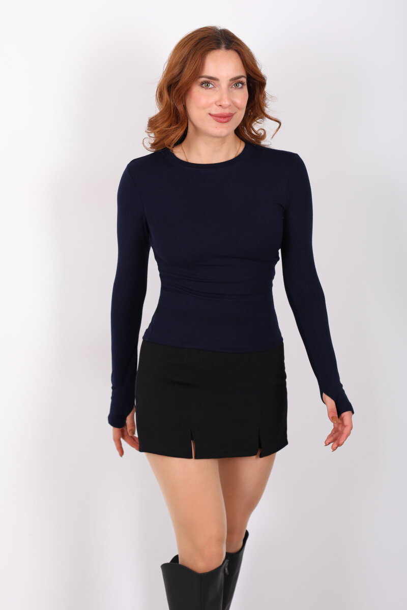 Bisiklet Yaka Buzi Parmak Geçirmeli Lacivert Kadın Bluz - 5