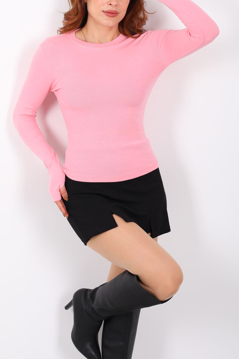 Bisiklet Yaka Buzi Parmak Geçirmeli Pembe Kadın Bluz - 2