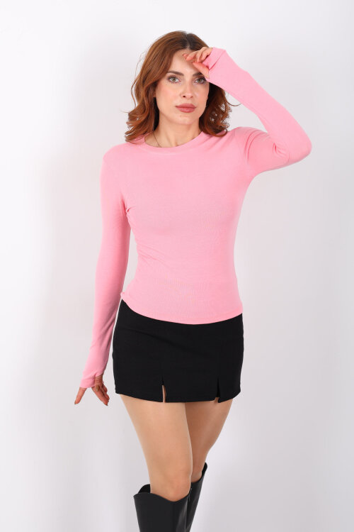 Bisiklet Yaka Buzi Parmak Geçirmeli Pembe Kadın Bluz - 3