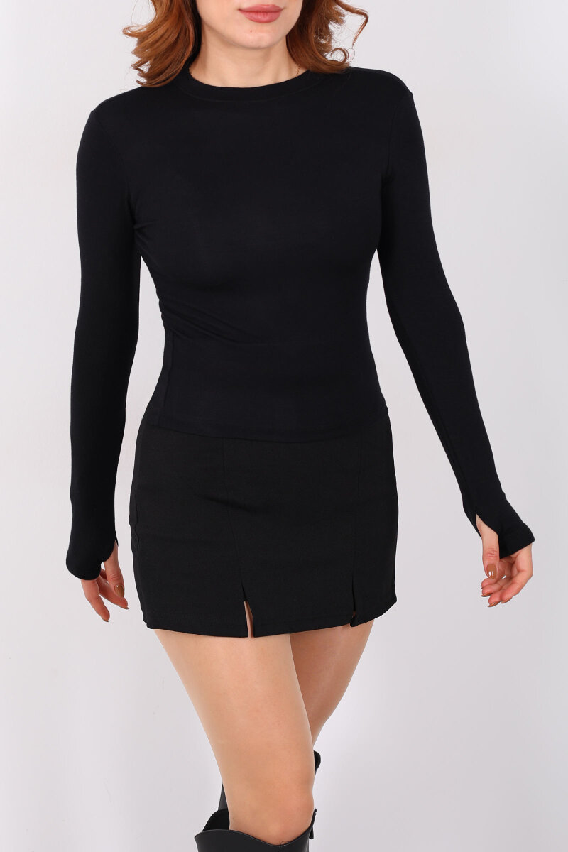 Bisiklet Yaka Buzi Parmak Geçirmeli Siyah Kadın Bluz - 2