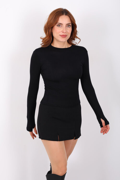 Bisiklet Yaka Buzi Parmak Geçirmeli Siyah Kadın Bluz - 5