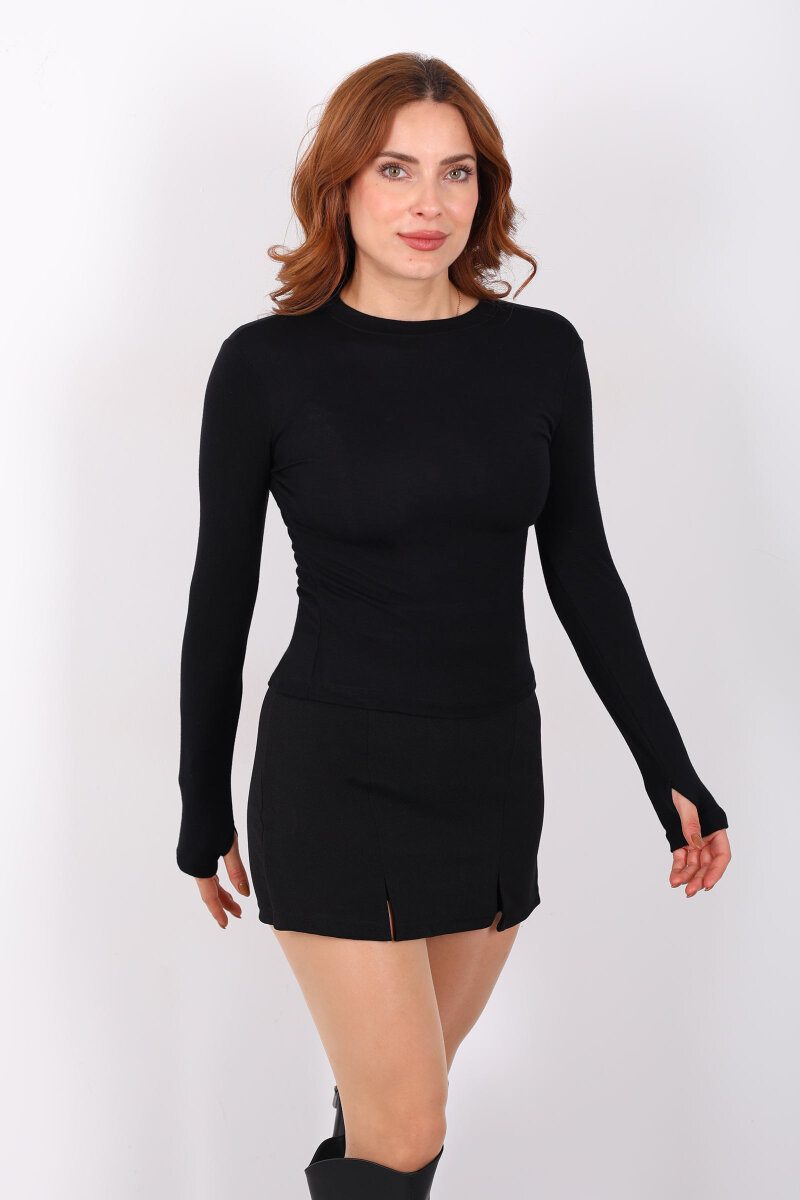 Bisiklet Yaka Buzi Parmak Geçirmeli Siyah Kadın Bluz - 5