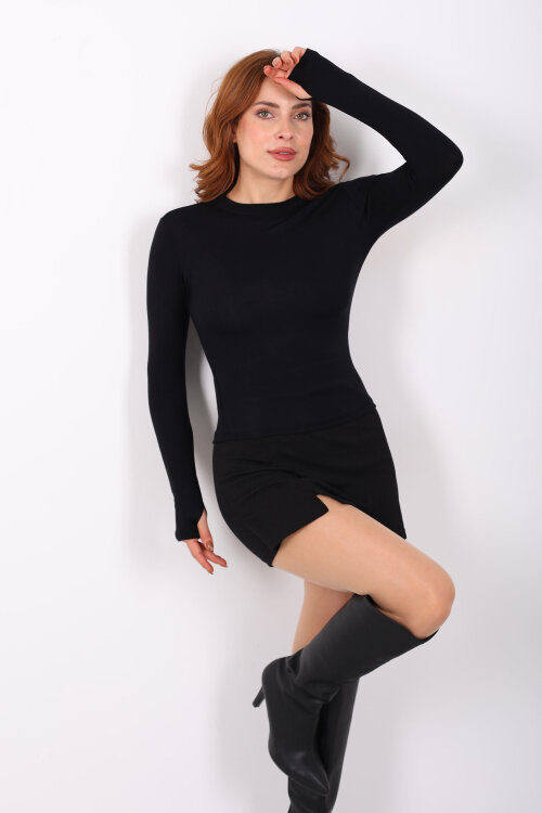 Bisiklet Yaka Buzi Parmak Geçirmeli Siyah Kadın Bluz - 3