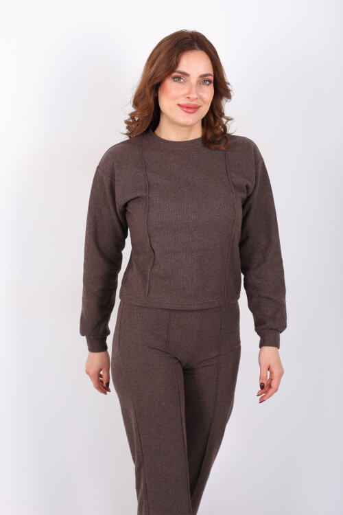 Bisiklet Yaka Çimalı Kahverengi Kadın Selanik Takım - 5