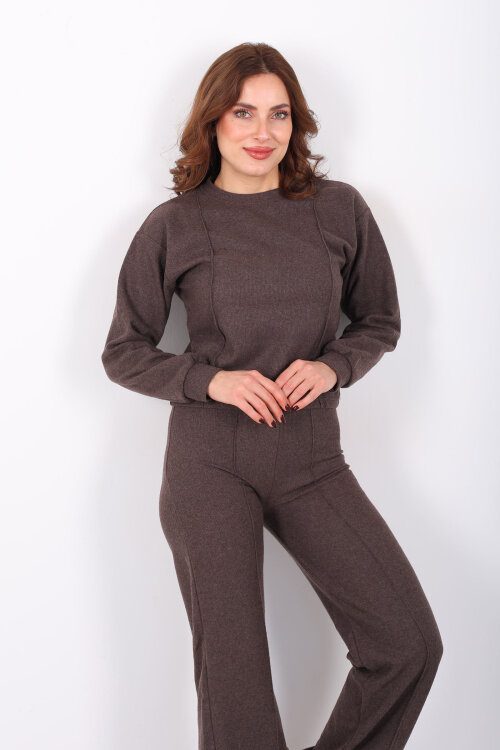 Bisiklet Yaka Çimalı Kahverengi Kadın Selanik Takım - 3