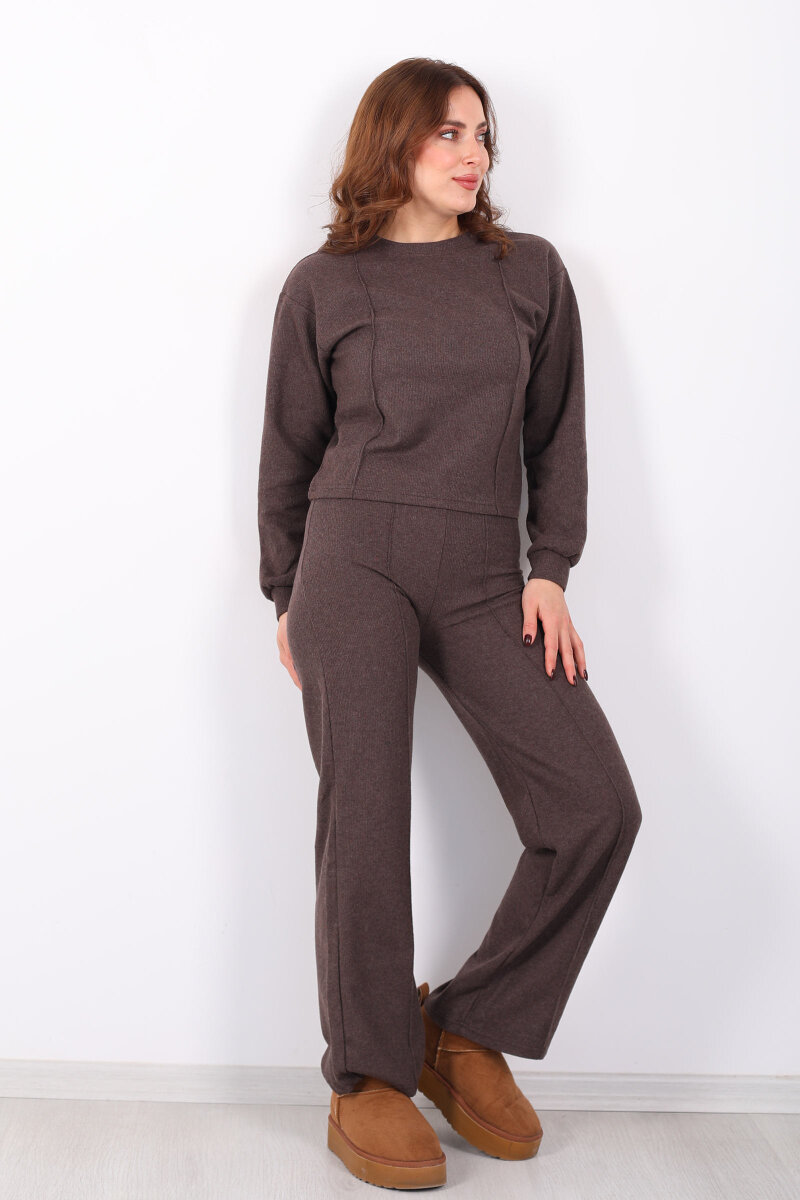 Bisiklet Yaka Çimalı Kahverengi Kadın Selanik Takım - 1