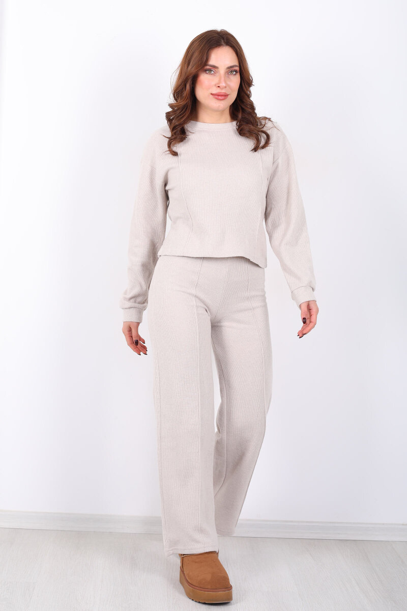 Bisiklet Yaka Çimalı Taş Rengi Kadın Selanik Takım - 3