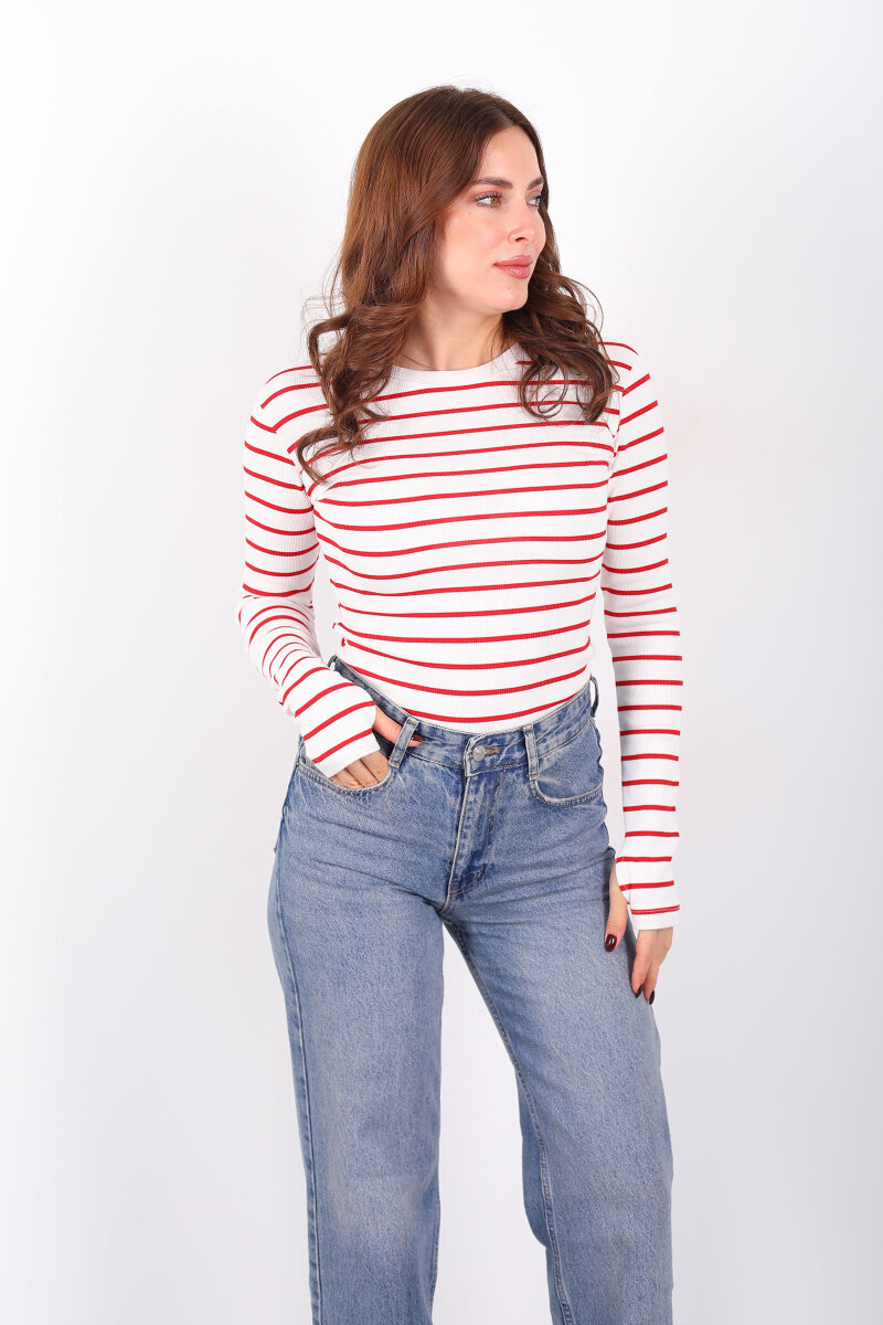 Bisiklet Yaka Çizgili Bordo Kadın Parmak Geçirmeli Bluz - 5