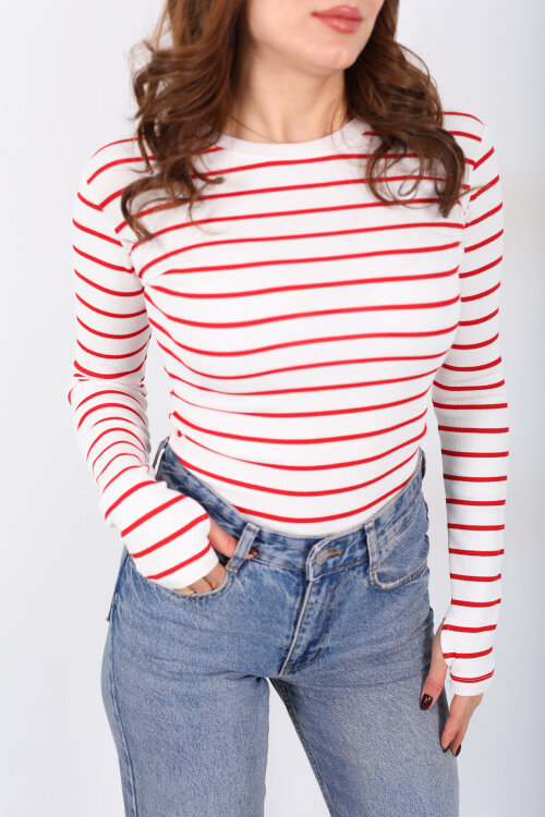 Bisiklet Yaka Çizgili Bordo Kadın Parmak Geçirmeli Bluz - Berox (1)