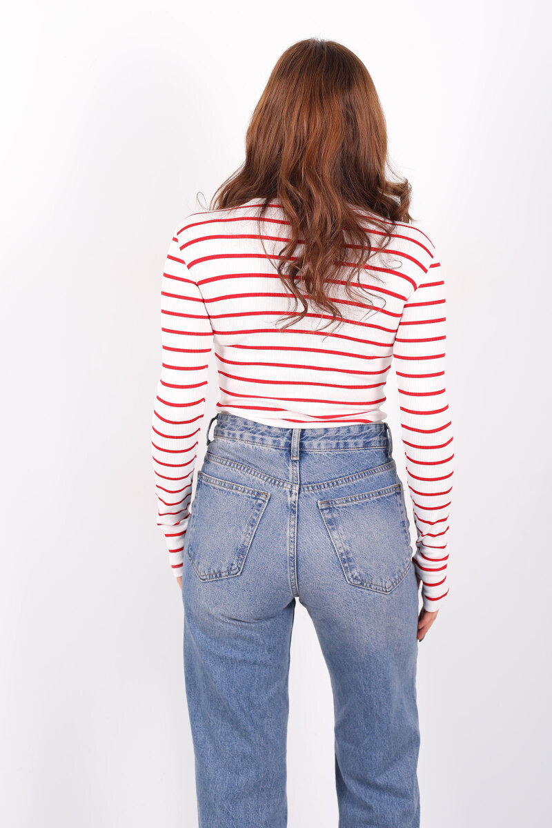 Bisiklet Yaka Çizgili Bordo Kadın Parmak Geçirmeli Bluz - 4