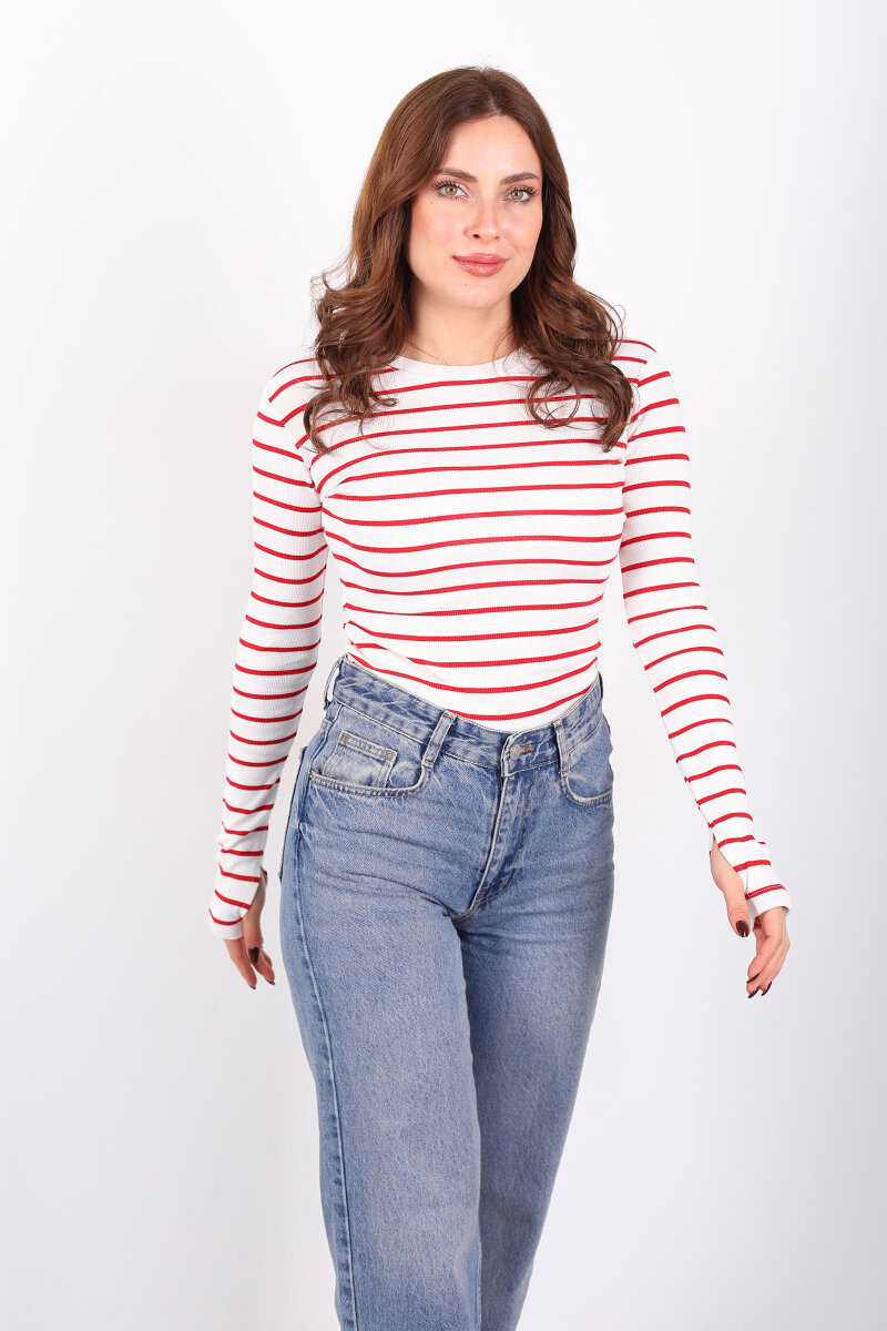 Bisiklet Yaka Çizgili Bordo Kadın Parmak Geçirmeli Bluz - 3