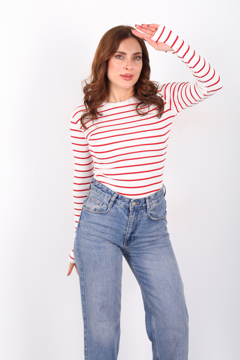 Bisiklet Yaka Çizgili Bordo Kadın Parmak Geçirmeli Bluz - 1