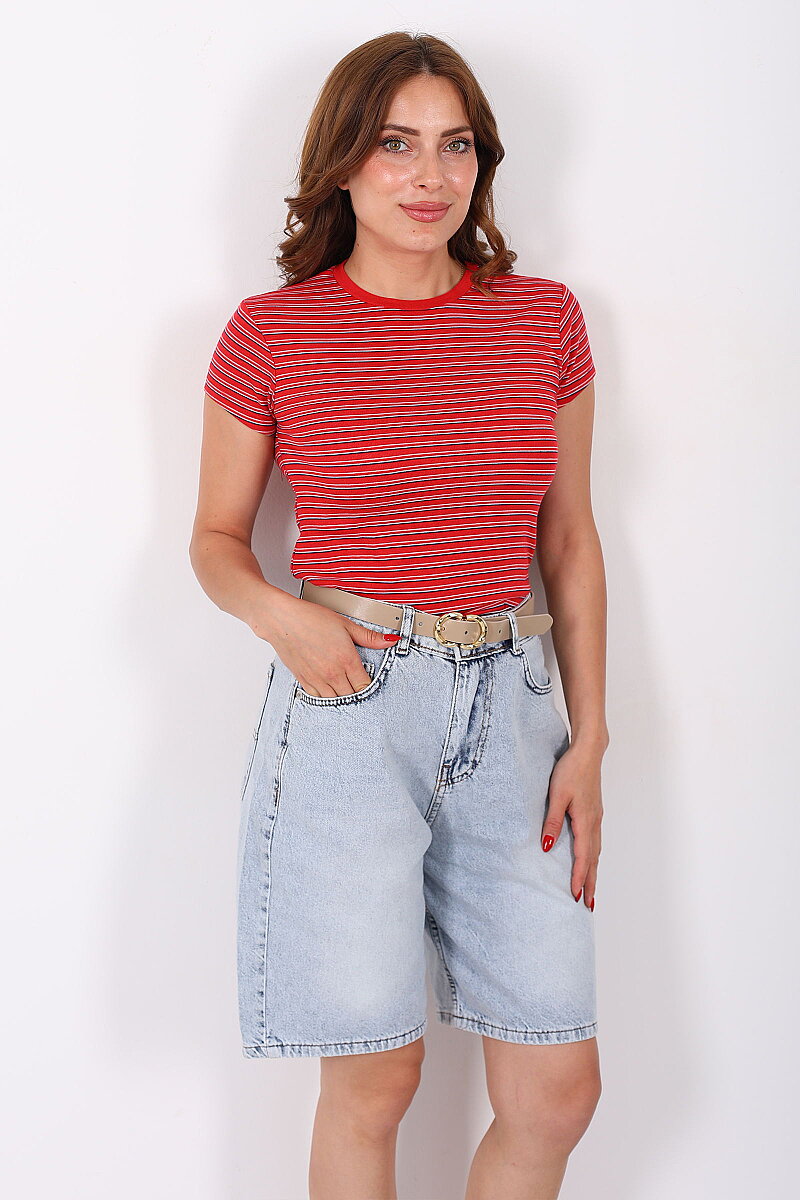 Bisiklet Yaka Çizgili Kırmızı Kadın Body - 1