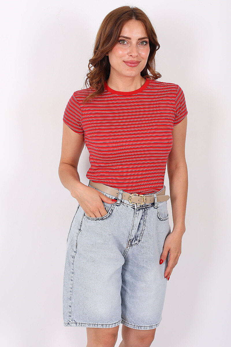 Bisiklet Yaka Çizgili Kırmızı Kadın Body - 5