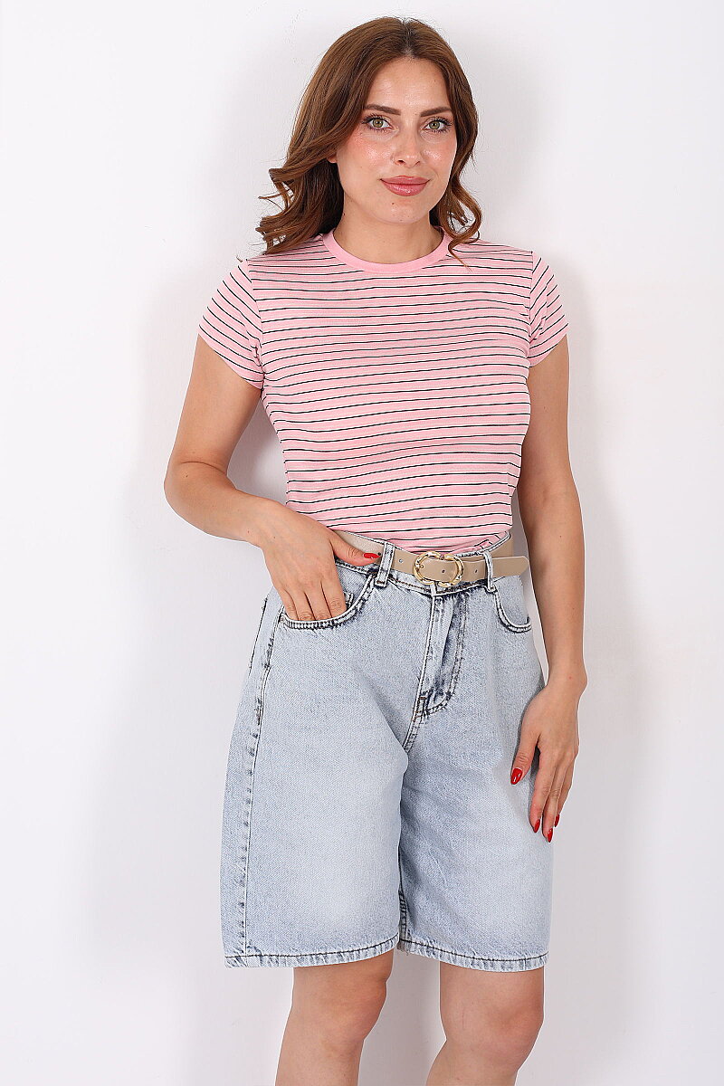 Bisiklet Yaka Çizgili Pembe Kadın Body - 3