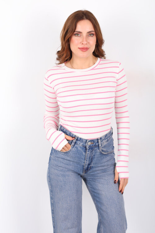 Bisiklet Yaka Çizgili Pembe Kadın Parmak Geçirmeli Bluz - Berox