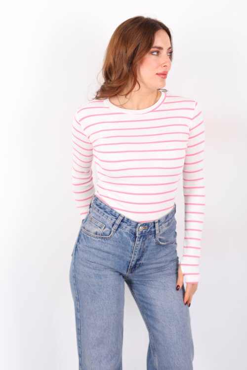 Bisiklet Yaka Çizgili Pembe Kadın Parmak Geçirmeli Bluz - 5