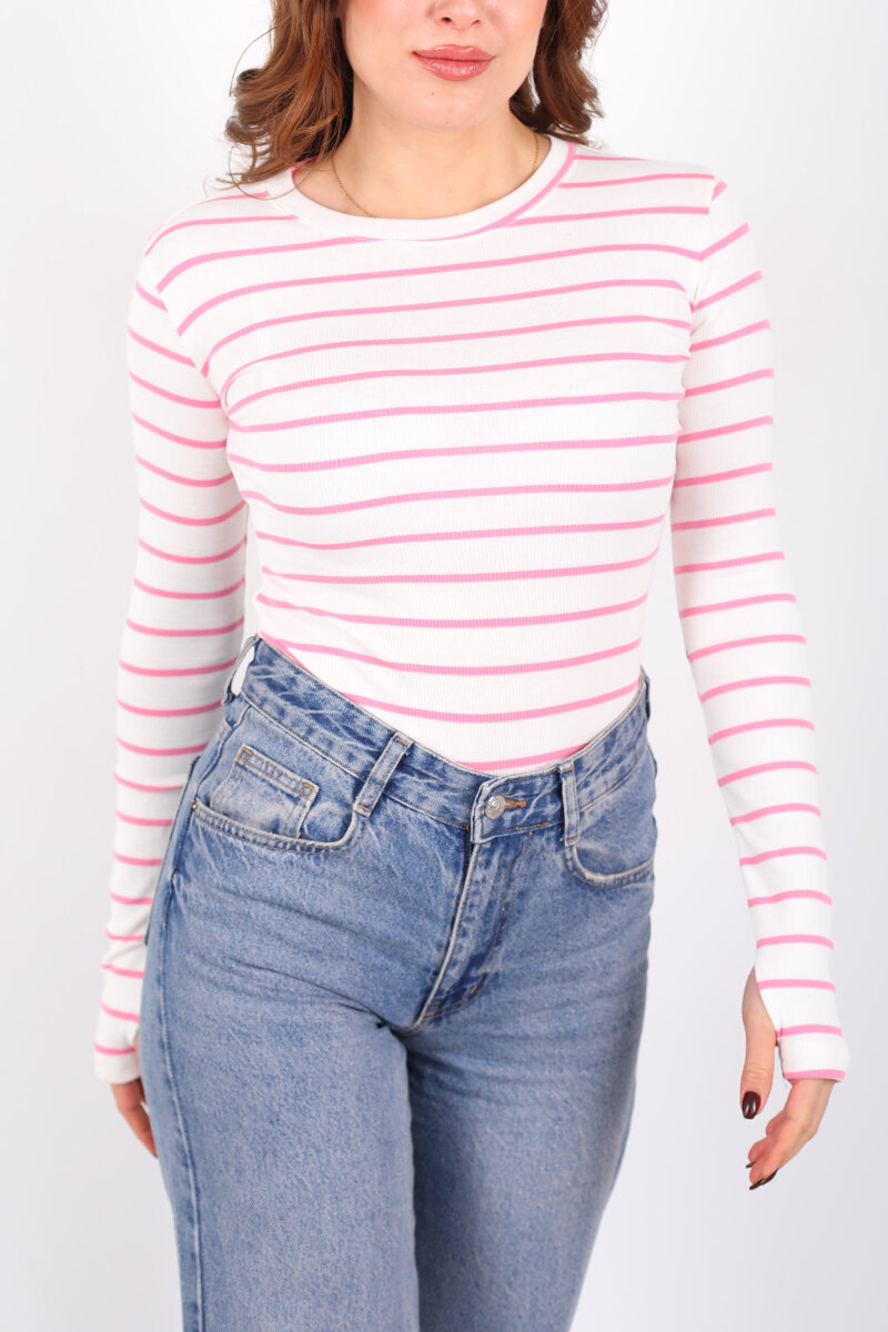 Bisiklet Yaka Çizgili Pembe Kadın Parmak Geçirmeli Bluz - 2