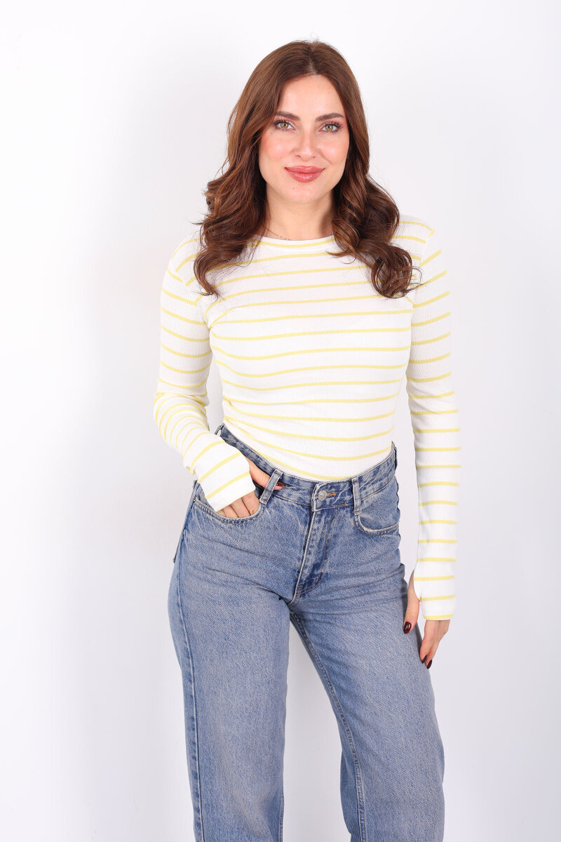 Bisiklet Yaka Çizgili Sarı Kadın Parmak Geçirmeli Bluz - 3
