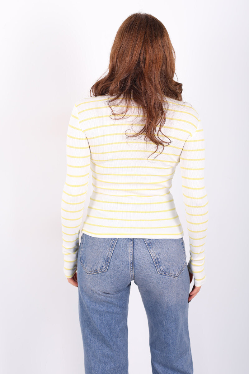 Bisiklet Yaka Çizgili Sarı Kadın Parmak Geçirmeli Bluz - 4