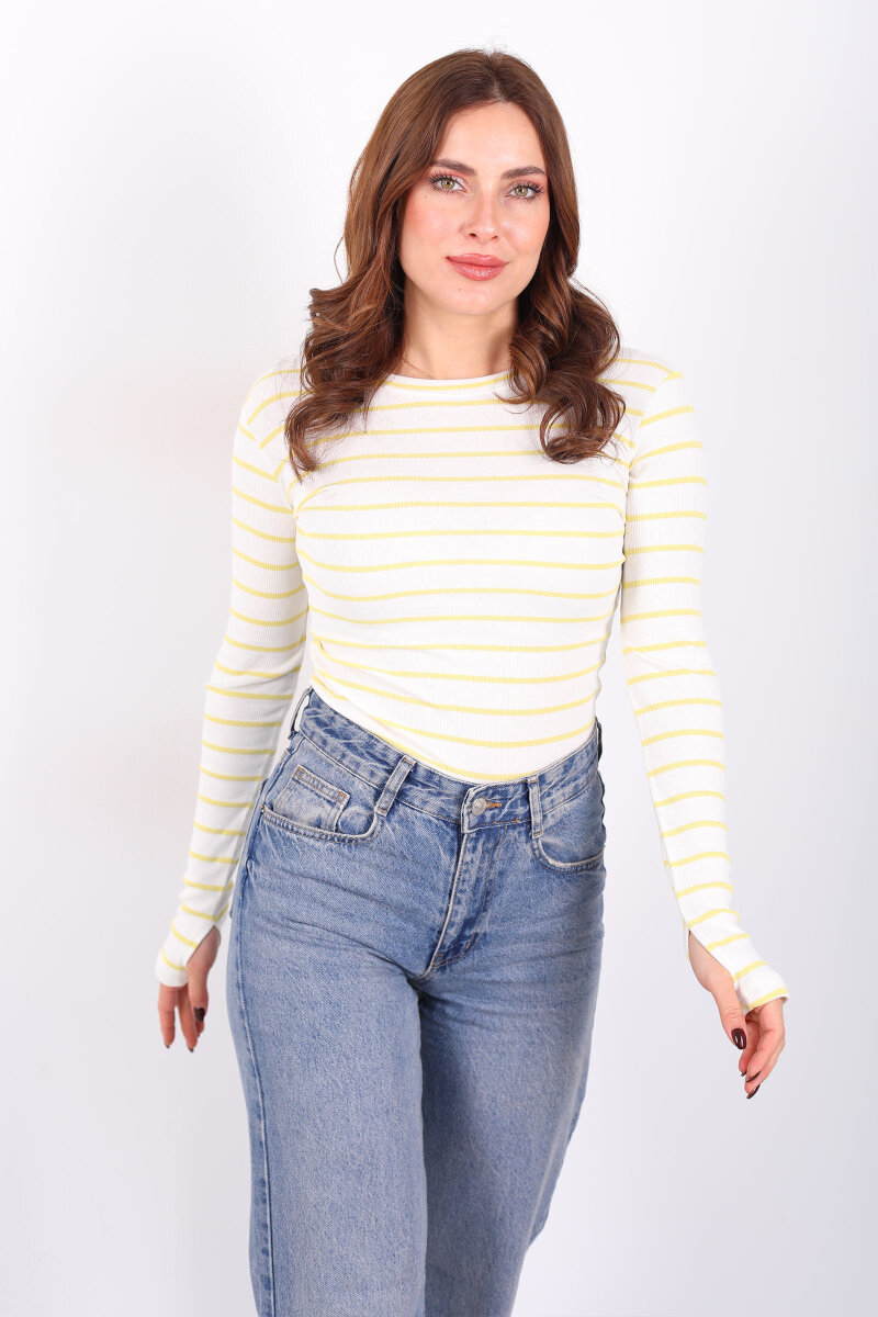 Bisiklet Yaka Çizgili Sarı Kadın Parmak Geçirmeli Bluz - 5