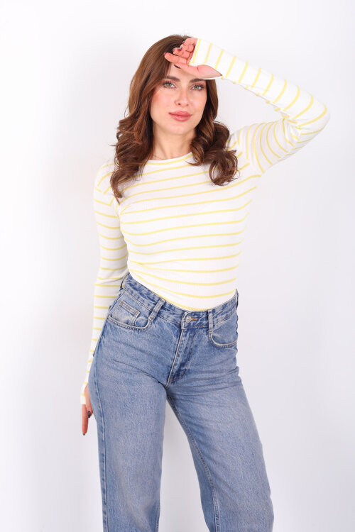 Bisiklet Yaka Çizgili Sarı Kadın Parmak Geçirmeli Bluz - Berox