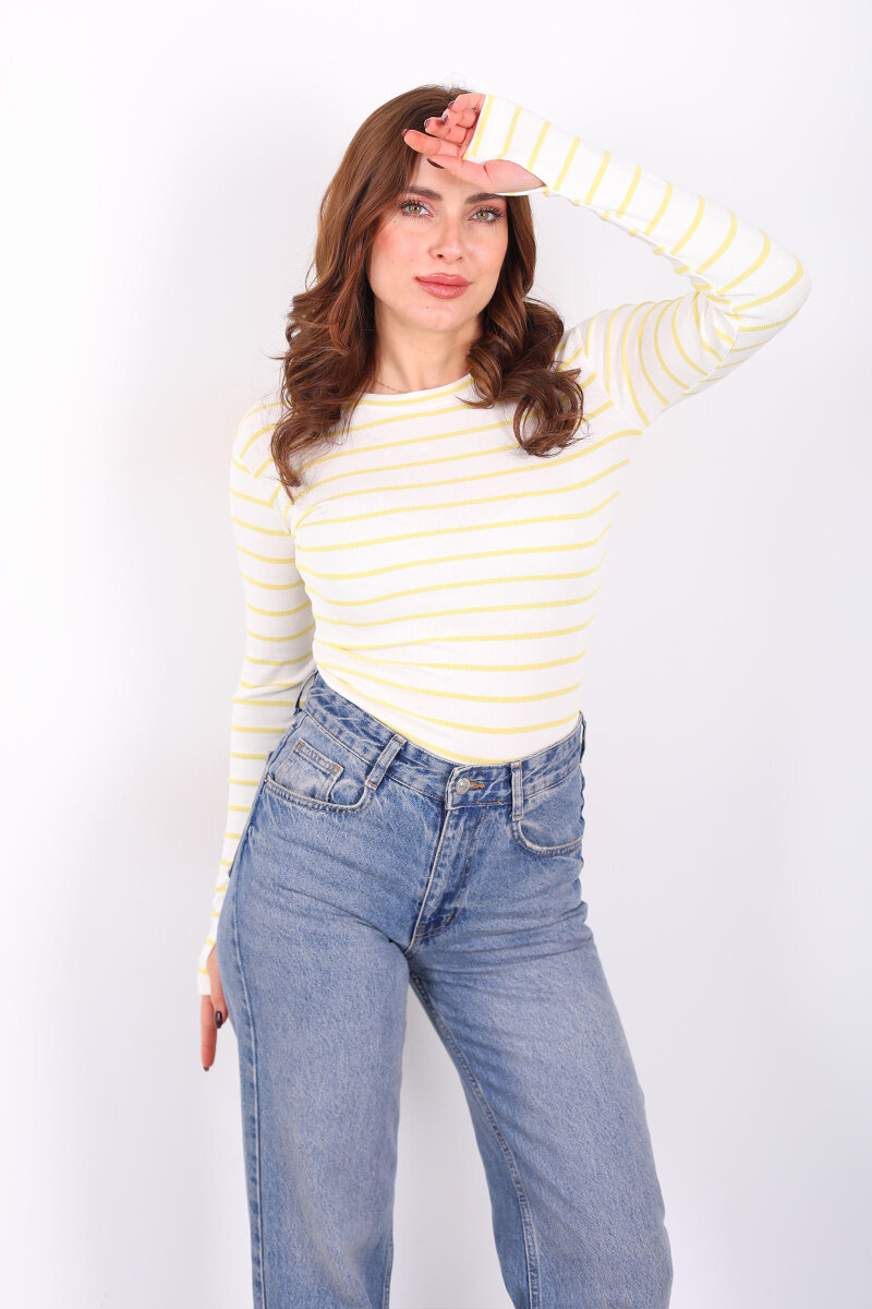 Bisiklet Yaka Çizgili Sarı Kadın Parmak Geçirmeli Bluz - 1