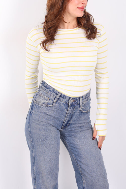 Bisiklet Yaka Çizgili Sarı Kadın Parmak Geçirmeli Bluz - Berox (1)