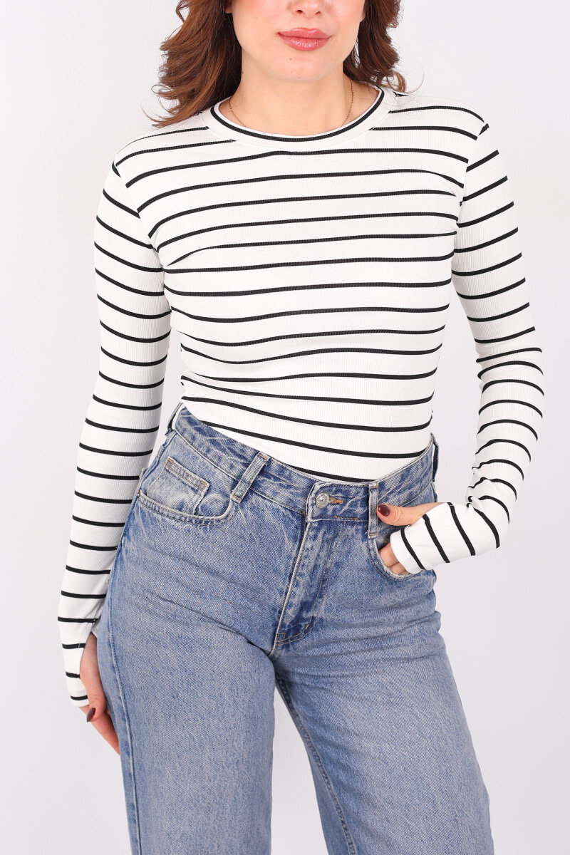 Bisiklet Yaka Çizgili Siyah Kadın Parmak Geçirmeli Bluz - 2