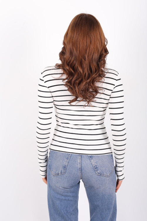 Bisiklet Yaka Çizgili Siyah Kadın Parmak Geçirmeli Bluz - 4