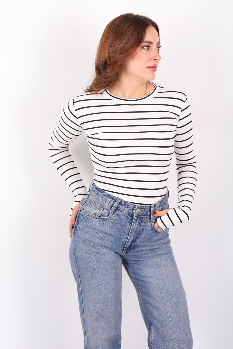 Bisiklet Yaka Çizgili Siyah Kadın Parmak Geçirmeli Bluz - 1