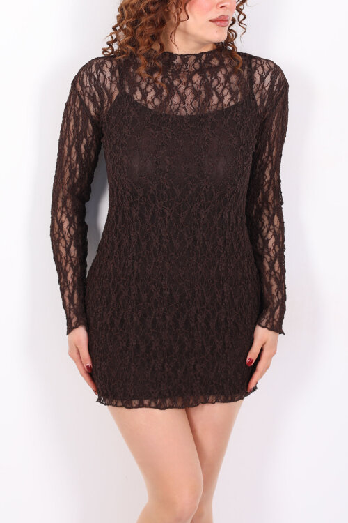 Bisiklet Yaka Dantelli Astarlı Acı Kahve Kadın Mini Elbise - Berox (1)