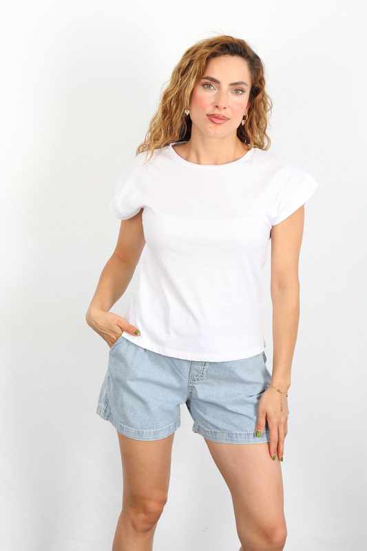 Bisiklet Yaka Duble Kol Penye Kadın Beyaz T-Shirt - 3