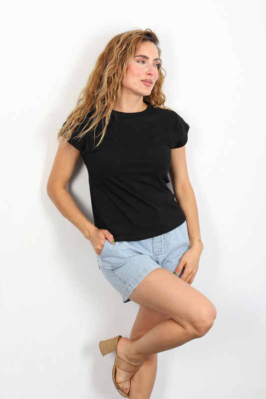 Bisiklet Yaka Duble Kol Penye Kadın Siyah T-Shirt - 3