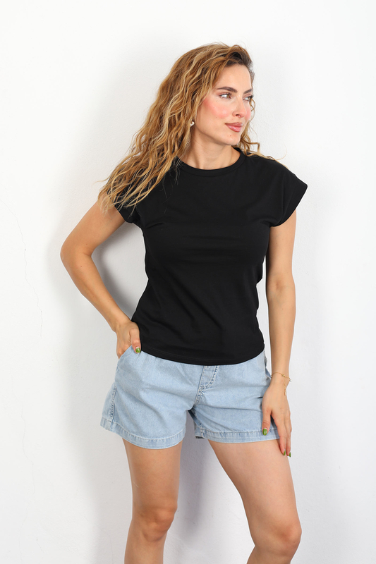 Bisiklet Yaka Duble Kol Penye Kadın Siyah T-Shirt - 1