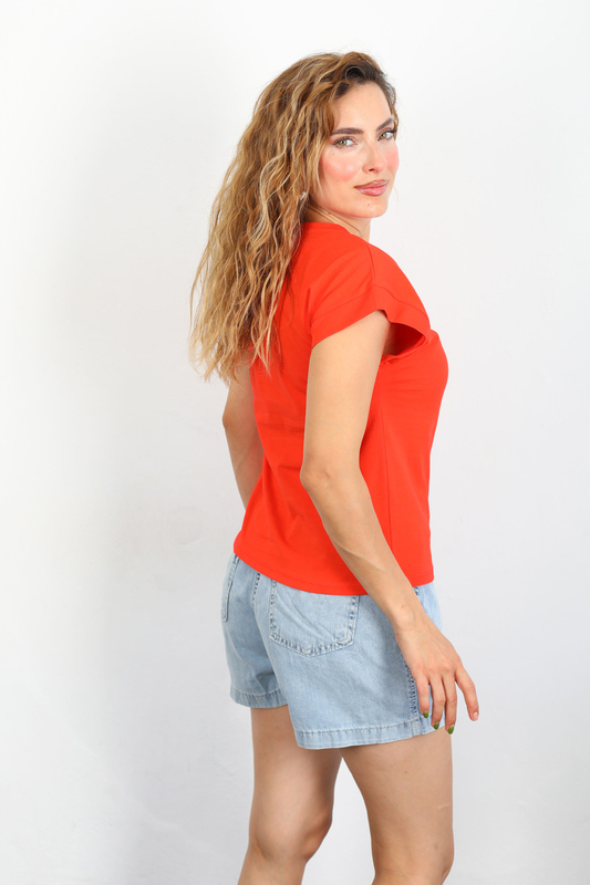 Bisiklet Yaka Duble Kol Penye Kadın Turuncu T-Shirt - 4