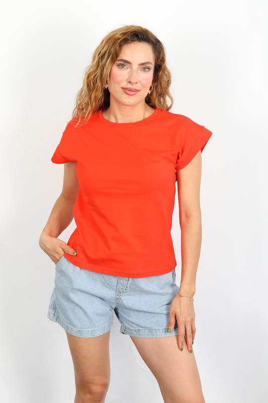 Bisiklet Yaka Duble Kol Penye Kadın Turuncu T-Shirt - 3