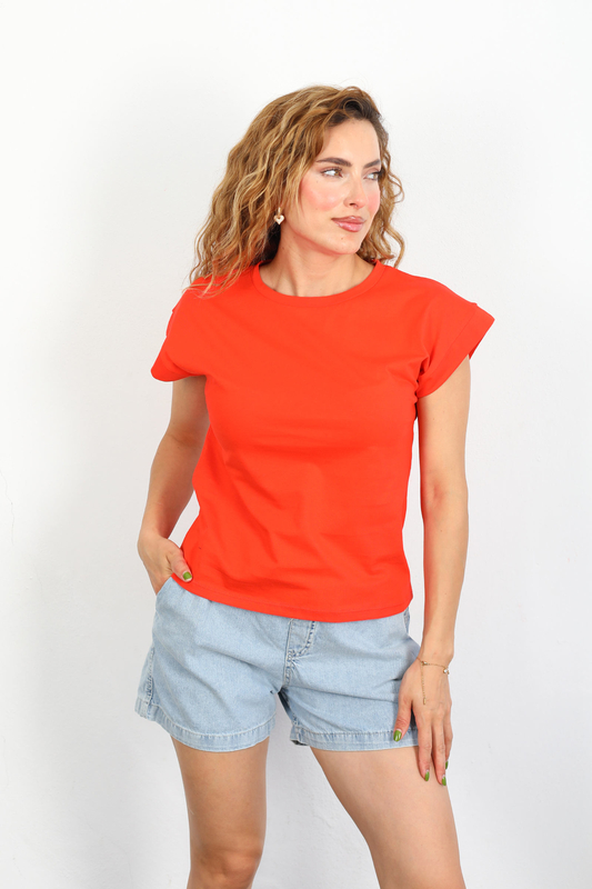 Bisiklet Yaka Duble Kol Penye Kadın Turuncu T-Shirt - 2