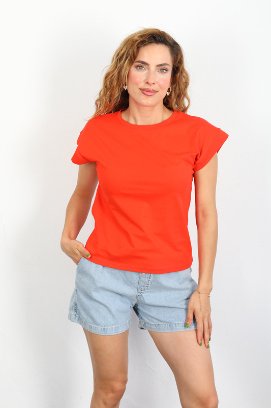 Bisiklet Yaka Duble Kol Penye Kadın Turuncu T-Shirt - 1