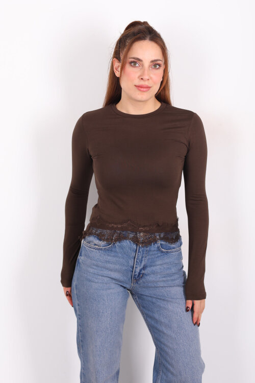Bisiklet Yaka Eteği Dantelli Acı Kahve Kadın Bluz - 4