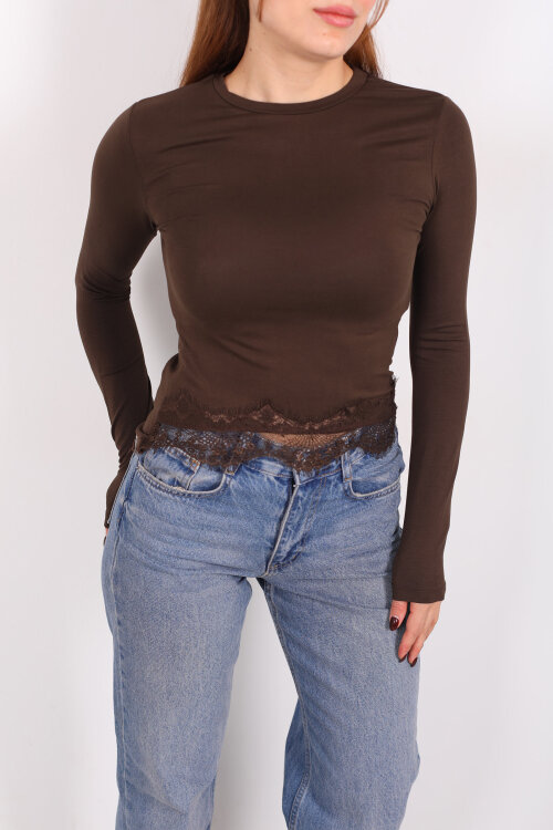 Bisiklet Yaka Eteği Dantelli Acı Kahve Kadın Bluz - Berox (1)