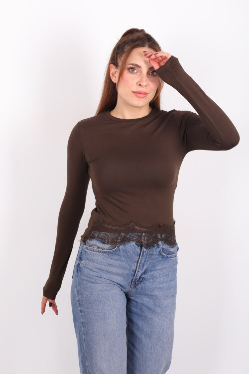 Bisiklet Yaka Eteği Dantelli Acı Kahve Kadın Bluz - 6